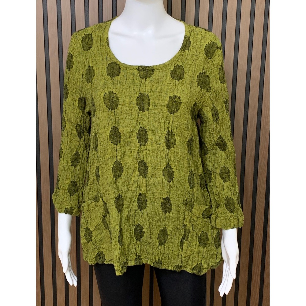 Grizas Women's Linen Cotton Polka Dot Tunic Top Green Lagenlook  M Lightweight